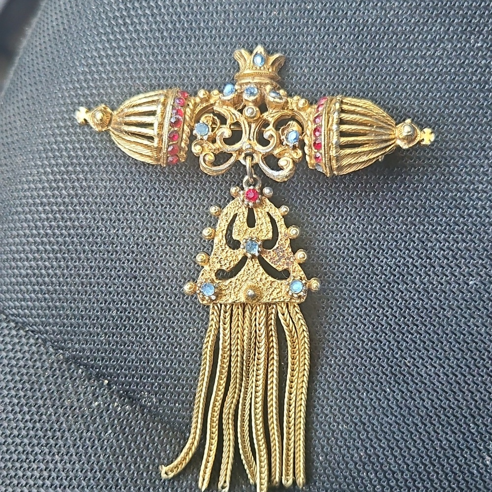 Elegant Gold FLORENZA  Brooch with Red & Blue Stones  VINTAGE